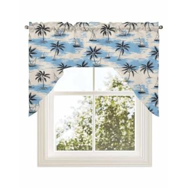 Imagem de Cortinas curtas de cozinha com palmeira de verão para janela, bolso para varão, plantas tropicais, cortinas curtas de cozinha, 91 cm de comprimento, acabamento rústico havaiano para janela pequena
