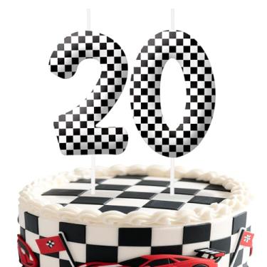 Imagem de Velas de aniversário número 20 de carros de corrida, com tema de bandeira quadriculada preta e branca para meninos e meninas, decorações de bolo para aniversários, suprimentos de festa com tema de