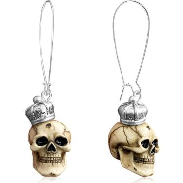 Imagem de unixmoment Brincos pendentes de caveira punk gótica retrô feitos à mão com coroa de cristal faísca de prata exclusivo fantasma para mulheres e homens, Large, Resina, Sem pedra preciosa