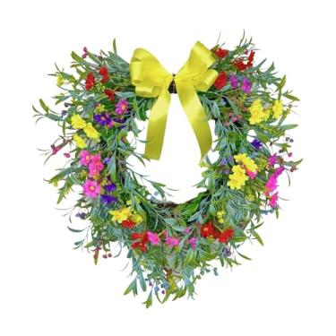 Imagem de Fancyes Guirlanda em forma de coração, guirlanda para porta de entrada, aro floral, de gipsófila suspensa com laço para ou casa, Amarelo