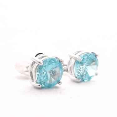 Imagem de Brinco de Pressão Solitário Redondo com Zircônia na Cor Água-Marinha | Banho Rodio Branco