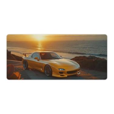 Imagem de HouLaiZhe Tapete de rato amarelo JDM Rx7 retro pôr do sol grande para jogos tapete de mesa base de borracha antiderrapante acessórios para computador portátil suprimentos bloco de escrita para
