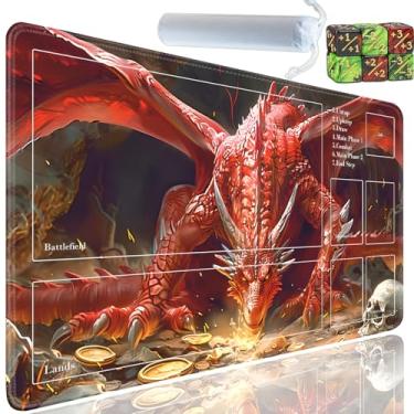 Imagem de Yuxcfhjfe Para tapete MTG, tapete de cartas com zonas - inclui uma bolsa de armazenamento e 6 dados, 61 x 35 cm para tapete TCG com borracha antiderrapante, para tapete MTG, padrão de dragão voador