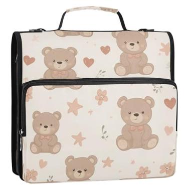 Imagem de Wassud Adorável urso com corações fichário com zíper 3 anéis com alça de ombro e alça vários bolsos expansível organizador de pasta de arquivos