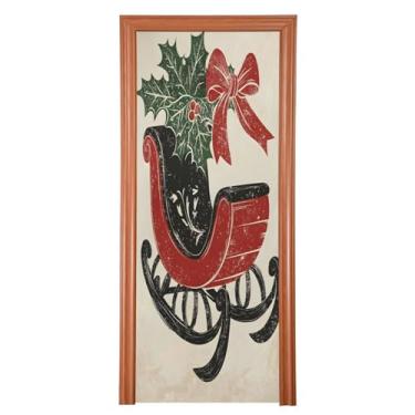 Imagem de Wassud Capa de porta de Natal para decoração de banner, 91 x 242 cm, grande, vintage, trenó de Natal, capa elástica para porta interna para varanda e porta da frente