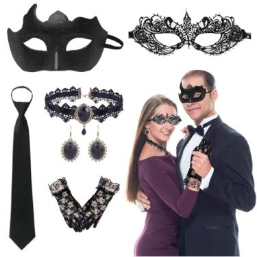 Imagem de Conjunto de 6 peças de máscara de baile de máscaras, conjunto de acessórios de fantasia de festa de Halloween para mulheres e homens, preto