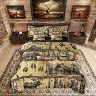 Imagem de Erosebridal Conjunto de cama rústico de casa de fazenda, 7 peças, tamanho casal, vintage, cabana ocidental, patchwork, edredom com lençóis, veado, alce, urso, cama em uma bolsa, animais de caça, para