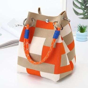 Imagem de Bolsa feminina multicolorida retrô – sacola de grande capacidade com fecho de fivela e alça fixa, adequada para viagens de trabalho - bloco laranja cáqui
