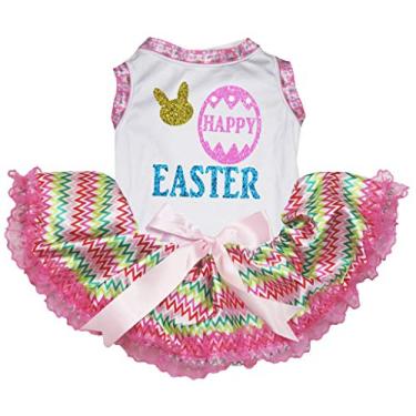 Imagem de Petitebella Vestido de cachorro com cara de coelho Happy Easter Egg (branco/arco-íris chevron renda, GG)