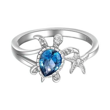 Imagem de Anel De Tartaruga Marinha E Estrela-do-mar Com Topázio Azul Para Mulhe