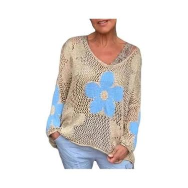 Imagem de Blusa Feminina De Tricô Floral Com Decote Em V, Recorte Casual, Proteç