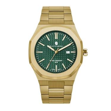 Imagem de SAPPHERO Relógio masculino octogonal de aço inoxidável 30 m à prova d'água luminoso relógio de pulso analógico de quartzo de luxo para homens com data elegante, P pulseira dourada/face verde