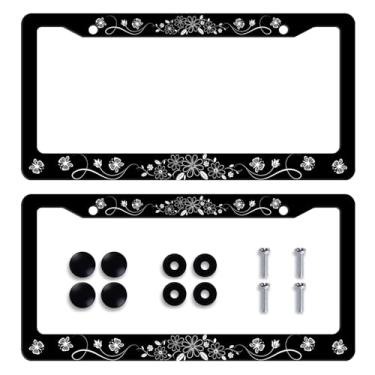 Imagem de 2 peças moldura de placa de licença borboleta margarida preto branco flores moldura de placa de licença floral auto acessório suporte de aço inoxidável para mulheres homens 6 x 12 polegadas