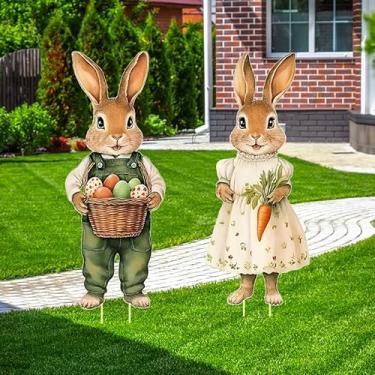 Imagem de 2 pacotes de decorações de páscoa placas de jardim ao ar livre coelhos vintage ovos de páscoa estaca de quintal para festa de fim de ano decoração de jardim de primavera (branco verde)