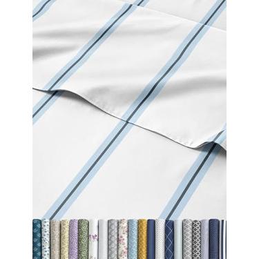 Imagem de Jogo de lençol listrado azul com 3 peças para cama solteiro GG – lençol de cima de luxo 66 x 102, lençol com elástico 99 x 203 cm e 1 fronha 51 x 76 cm – bolso profundo, lençóis azuis e brancos macios