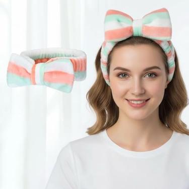 Imagem de Bandanas de pelúcia com laço para mulheres, faixas de cabelo felpudas aconchegantes para lavar o rosto, cuidados com a pele e maquiagem