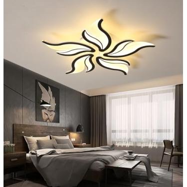 Imagem de Luminária de teto LED, regulável, para sala de estar, quarto, com controle remoto, design moderno e criativo em formato de flor, lustre de embutir para quarto (preto, D68cm/38W)