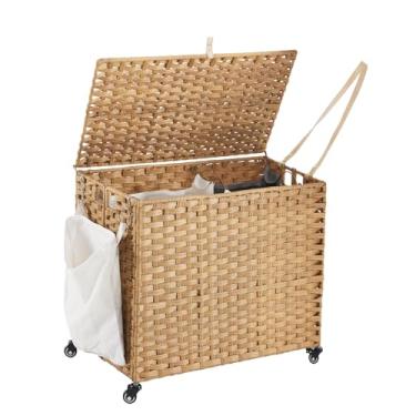 Imagem de Cesto de roupa suja com rodas, 130 L, cesto de roupa suja com tampa, forro grande removível de 2 cores e 3 sacos de roupa de malha, cesto de roupas com bolso lateral, natural