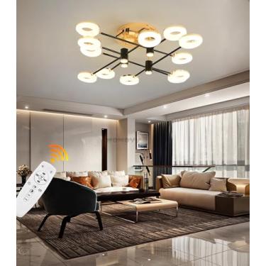 Imagem de Luminária de teto LED moderna, 110cm/180w, preta e dourada, para sala de estar, com controle remoto e intensidade ajustável, luminária pendente redonda (com spots) adequada para quartos, ilu