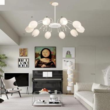 Imagem de Lustre de LED com 6/8/10/12 lâmpadas, estilo antigo, em acrílico, luminária pendente de teto, estrutura em ferro branco com três cores de luz, ideal para cozinha, hall de entrada e quarto (6