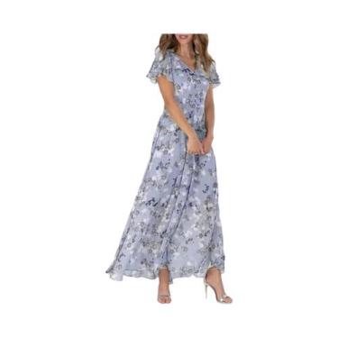 Imagem de Vestido Feminino Elegante Com Decote Em V, Mangas Curtas Com Babados, 