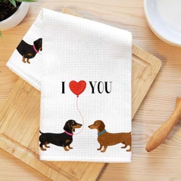 Imagem de Toalhas de cozinha fofas de dachshund, pano de prato de microfibra absorvente decorativo para cães, toalha de chá, toalhas de mão de trama de waffle para casa, banheiro, cozinha, presentes I Love You