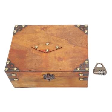 Imagem de AUNMAS Baú de Tesouro de Madeira Decorativo, Caixa de Armazenamento de Madeira Vintage Com Fechadura de Metal para Armazenamento, Coleção de Lembranças, Decoração de Presentes (Estilo 1)