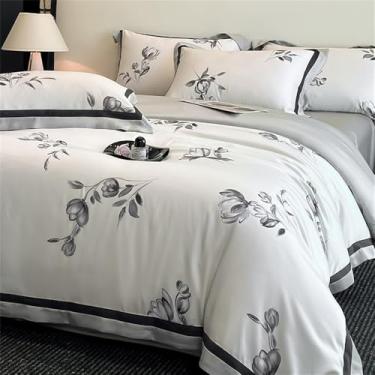 Imagem de Jogo de cama de fibra de bambu macia com toque fresco e estampa acetinada, estilo 3, tamanho King (220x240cm), 4 peças. Inclui capa de edredom, lençol de baixo e lençol de elástico.