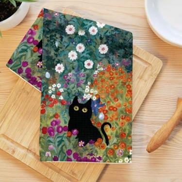 Imagem de Toalhas de cozinha de flores em aquarela, toalha de mão macia absorvente, panos artísticos de waffle de gato para cozinha, banheiro, sala de estar, casa, presentes para amantes de gatos para mulheres