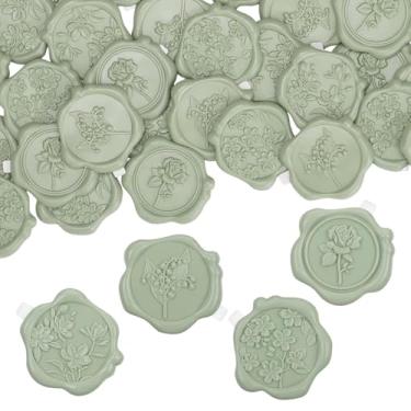 Imagem de 60 adesivos de lacre de cera, adesivos de selo de envelope de convite de casamento com fundo verde sálvia para casamento, festa, Natal, embrulho de presente (4 estilos de flores)