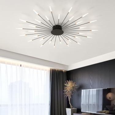 Imagem de Luminária de teto LED moderna e dimerizável com controle remoto - Lustre preto, semi-embutido, 28 lâmpadas para quarto, sala de estar, cozinha, sala de jantar e escritório.
