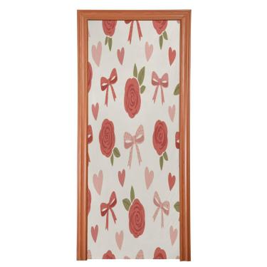 Imagem de ATTX Capa de porta de frente rosa com laço de dia dos namorados - decoração de férias de tecido elástico lavável para festas, casa, decoração de porta da frente, 91 x 98 polegadas (115)