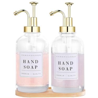 Imagem de Dispensador de sabão de vidro com bomba, bandeja, funil, sabonete de bancada e dispensador de loção conjunto de 2 com 60 adesivos, dispensador de louça e sabonete de mão para pia de cozinha, banheiro