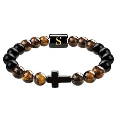 Imagem de Pulseira masculina elegante com contas de pedra olho de tigre natural com pingente de cruz gravada - presente para o dia dos pais, aniversário, dia do filho, Medium, Ágata, Sem Pedra Preciosa