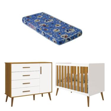 Imagem de Berço Americano E Cômoda Infantil Com Porta Isis Branco Acetinado Savana Com Colchão Ortobom