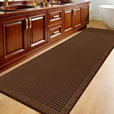 Imagem de Accumtek Tapete de banheiro waffle extragrande, 1,8 m x 5 cm, marrom, super absorvente, antiderrapante, secagem rápida, tapetes de banheiro com borlas, laváveis à máquina, ultramacios, boho, decoração