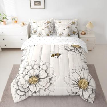 Imagem de Feelyou Jogo de cama casal com estampa de abelha, girassol, abelha, girassol, para crianças, meninos, meninas, jardim, flores florais, lençol com lençol com lençol de mel, fofo, conjunto de colcha