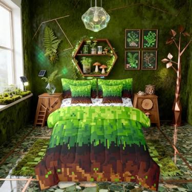 Imagem de Manfei Conjunto de cama Pixelated tamanho casal, jogo de cama de videogame quadriculado de patchwork, decoração simples para meninos e meninas, marrom e verde (2 fronhas + 2 fronhas + 2 fronhas)