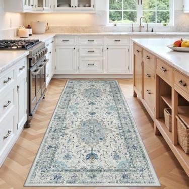 Imagem de RELEANY Tapetes de área 9,5 x 1,8 m lavável, antiderrapante, floral, vintage, estampa de angústia, tapete medalhão para sala de estar, quarto, sala de jantar, azul claro, azul-marinho, bege, cinza