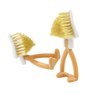 Imagem de NentMent Pacote com 2 escovas de ferro fundido de cozinha com cerdas rígidas, portátil, pequena, frigideira, escova triangular, escova de limpeza de fendas, escovas de cozinha para limpar panela, pia