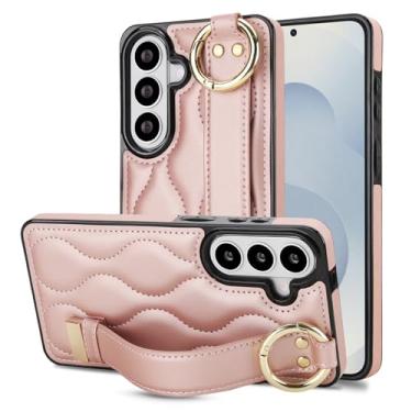 Imagem de Capa para Samsung Galaxy S26 com alça de pulso, elegante capa de telefone traseira de couro acolchoado para mulheres, capa protetora à prova de choque fina com suporte e anti-impressão digital (ouro