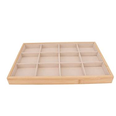 Imagem de Bandeja de joias com 12 grades, macia, elegante, coberta de veludo, organizador de armazenamento de madeira para joias, brincos, colares, quarto, cômoda, mesa (Bege)