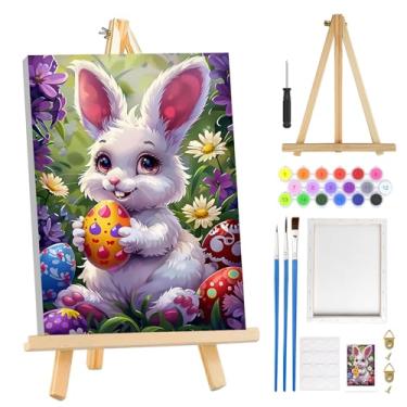 Imagem de MOGTAA Kit de pintura de coelhinho da Páscoa por números para adultos iniciantes com moldura, kits de pintura por números de ovos de Páscoa em tela com cavalete, kits de pintura a óleo de flores DIY