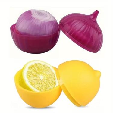 Imagem de Conjunto de 2 recipientes de plástico para guardar alimentos, em forma de limão e cebola, multiuso, seguro para freezer, flip top, lavagem à mão, sem necessidade de eletricidade, com caixas de