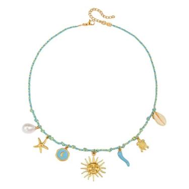 Imagem de Colar com pingente de sol, estrela-do-mar, pérola, coração, tartaruga, sol, dopamina, aço inoxidável, clavícula, joia banhada a ouro