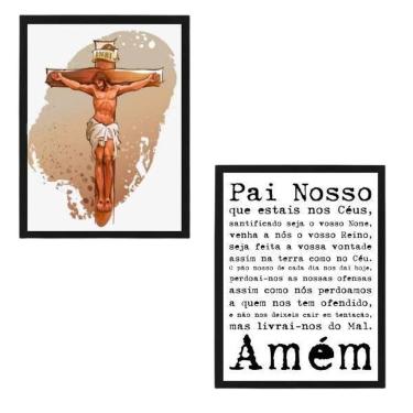 Imagem de Quadro Jesus Crucificado Pai Nosso Moldura Preta 24X18Cm 2Un