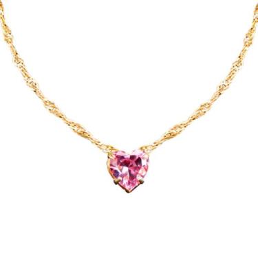 Imagem de colar feminino banhado aço inox ouro + pingente rosa strass qualidade 