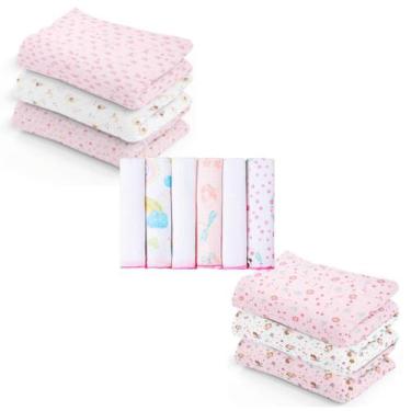 Imagem de Kit 12 Bebê Cueiro Rosa Flanelado Liso Estampado+ Pano Boca - Dugu