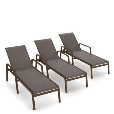 Imagem de Kit 3 Espreguiçadeira Piscina Alumínio Marrom Tela Fendi - Aluv Móveis