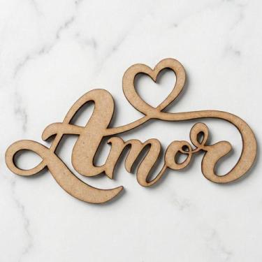 Imagem de Kit 10un. Recorte em MDF 3mm Cru 10cm - Aplique Escrita Amor com Coraç